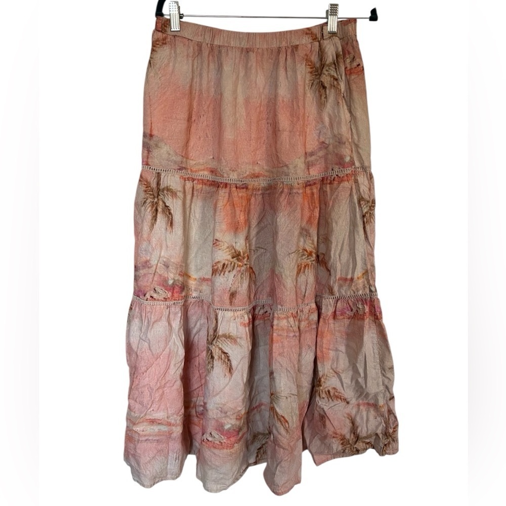 Rachel Zoe Maxi Skirt M Tiered Linen Blend Tropical Oasis Pockets